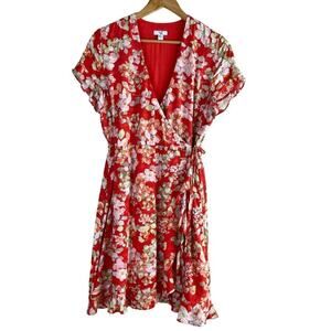 J.Jill Floral Wrap Mini Dress Ruffle Trim‎ in Red and White, Size XS